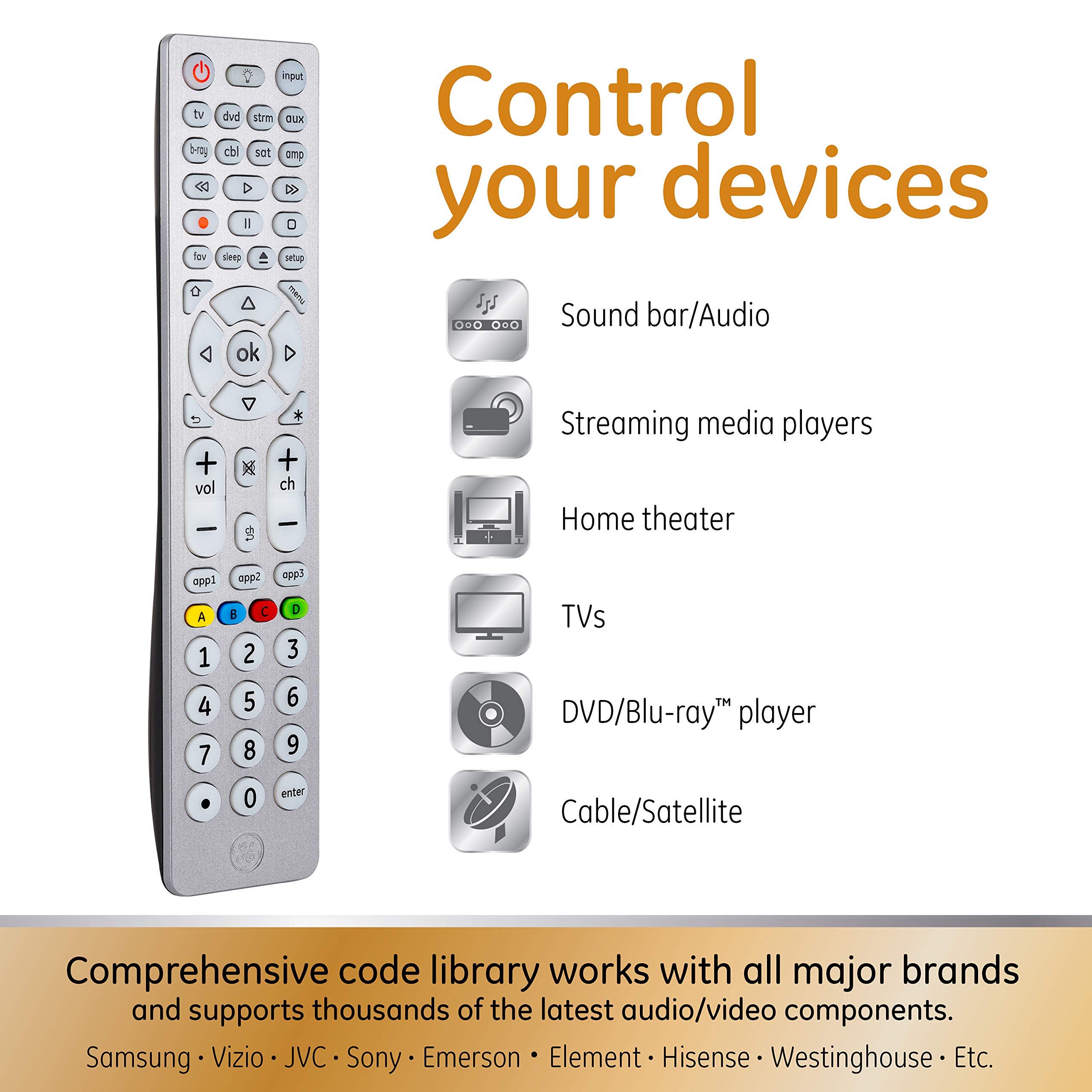 GE Backlit Buttons Universal Remote Control, Samsung TV Remote Control Replacement, Samsung Remote Control for Smart TV, Roku Remote Replacement, Vizio, LG TV, Sony, Apple TV, 8-Device, Silver, 47508