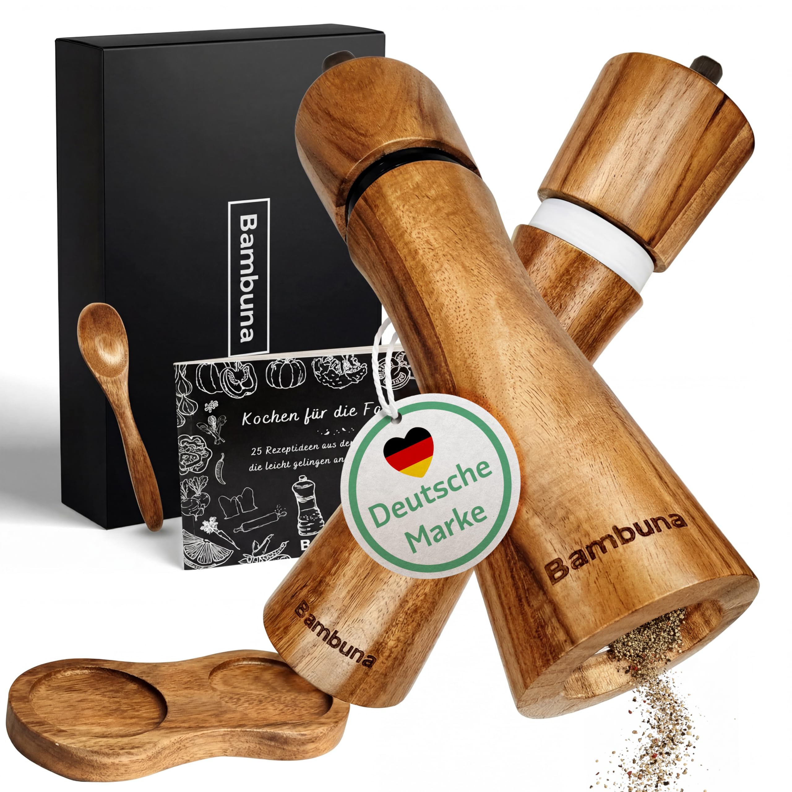 Bambuna Acacia Wood Salt and Pepper Mill Set, 5-Piece Spice Mill Set with Adjustable Ceramic Grinder, Manual Spice Mill with Saucer and Spoon, Made in Germany