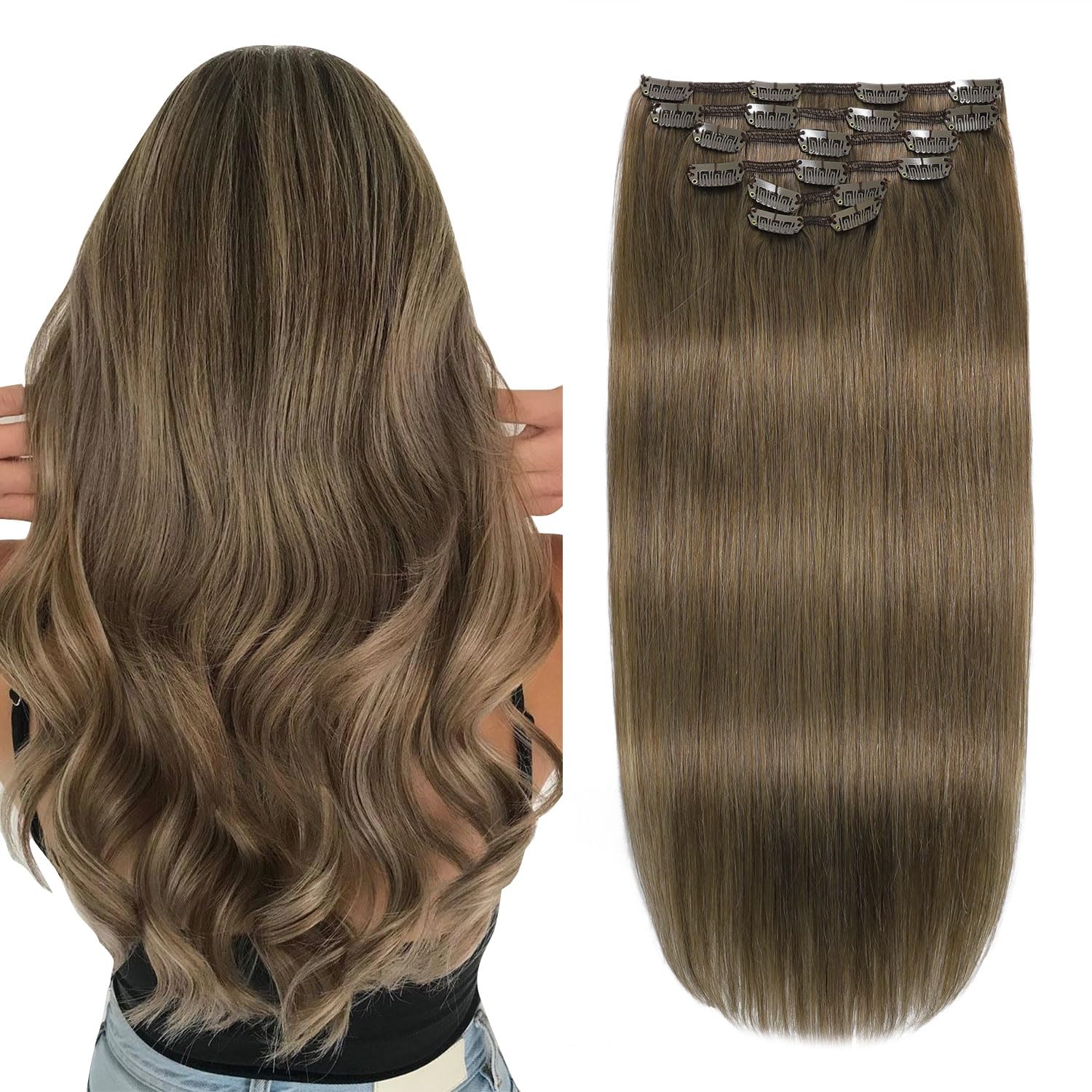 XDhair Clip in Hair Extensions Human Hair 120g 22Inch Ash Brown Human Hair Extensions Natual Straight Double Weft Clip in 6pcs #8 22inch