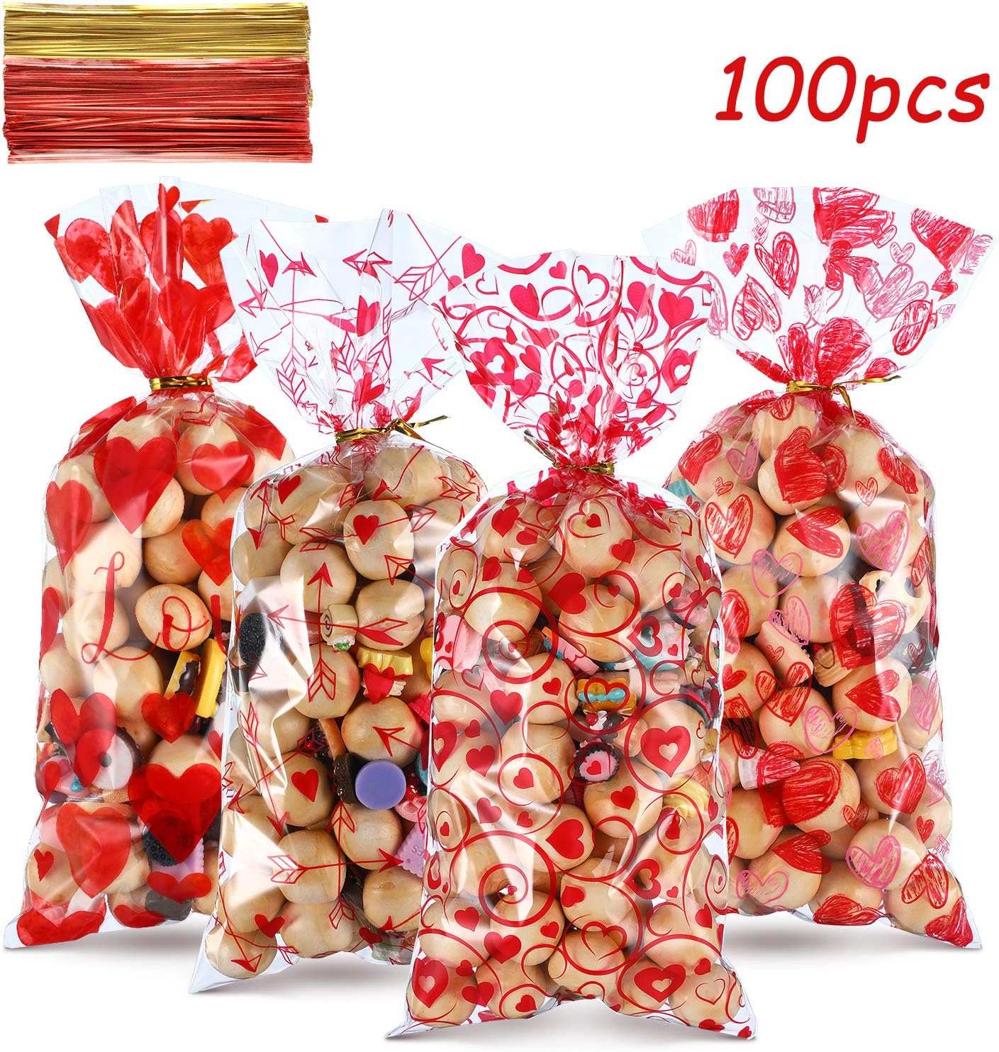 Blulu 100 Pack Valentines Party Treat Bags Plastic Valentines Cellophane Candy Bags Red Valentine's Day Cookie Bags 4 Styles Valentine Gift Bags with 200 Pieces Twist Ties for Valentine Party Supplies - Image 4