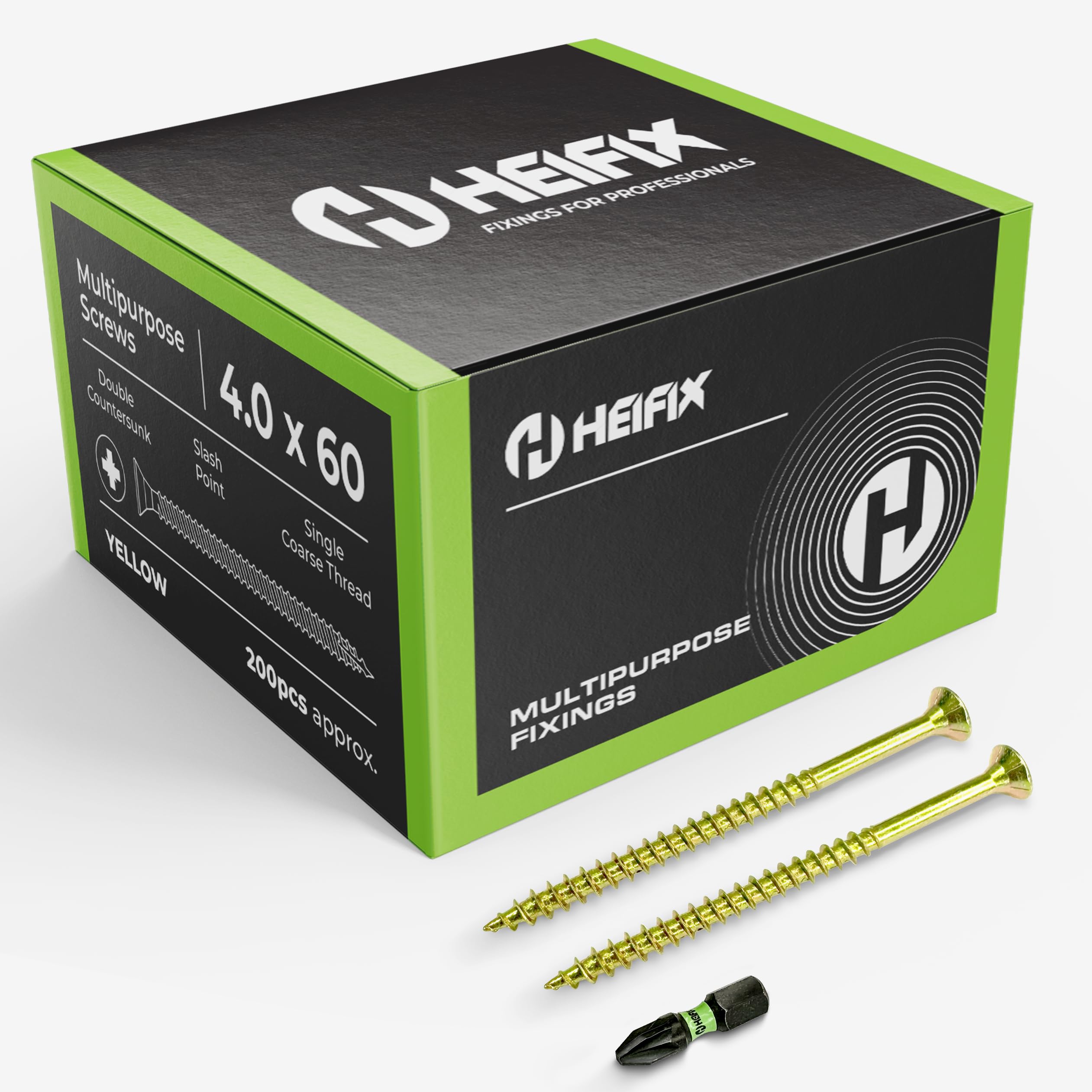 Heifix Multi-Purpose Wood Screws - FREE Screw Bit Included (QTY 200, 4mm x 60mm) Pozi Double Countersunk — image 1