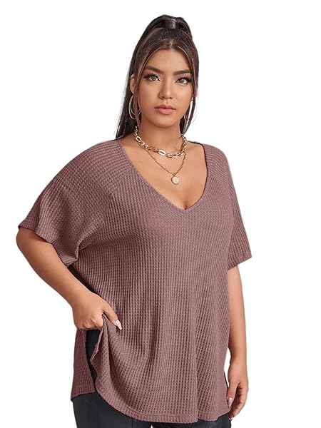 SOLY HUX WOMEN’S PLUS SIZE V NECK SHORT SLEEVE TEE SPLIT HEM WAFFLE KNIT OVERSIZED CASUAL LOOSE SUMMER BASIC T SHIRT TOPS DUSTY PINK