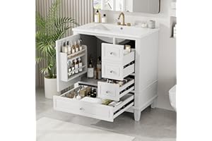 Harper & Bright Designs 30" Bathroom Vanity with Sink, Free Standing Single Basin Vanity Set with One Door and Three Drawers, Solid Wood Bathroom Cabinet with Ceramic Basin for Bathroom, White