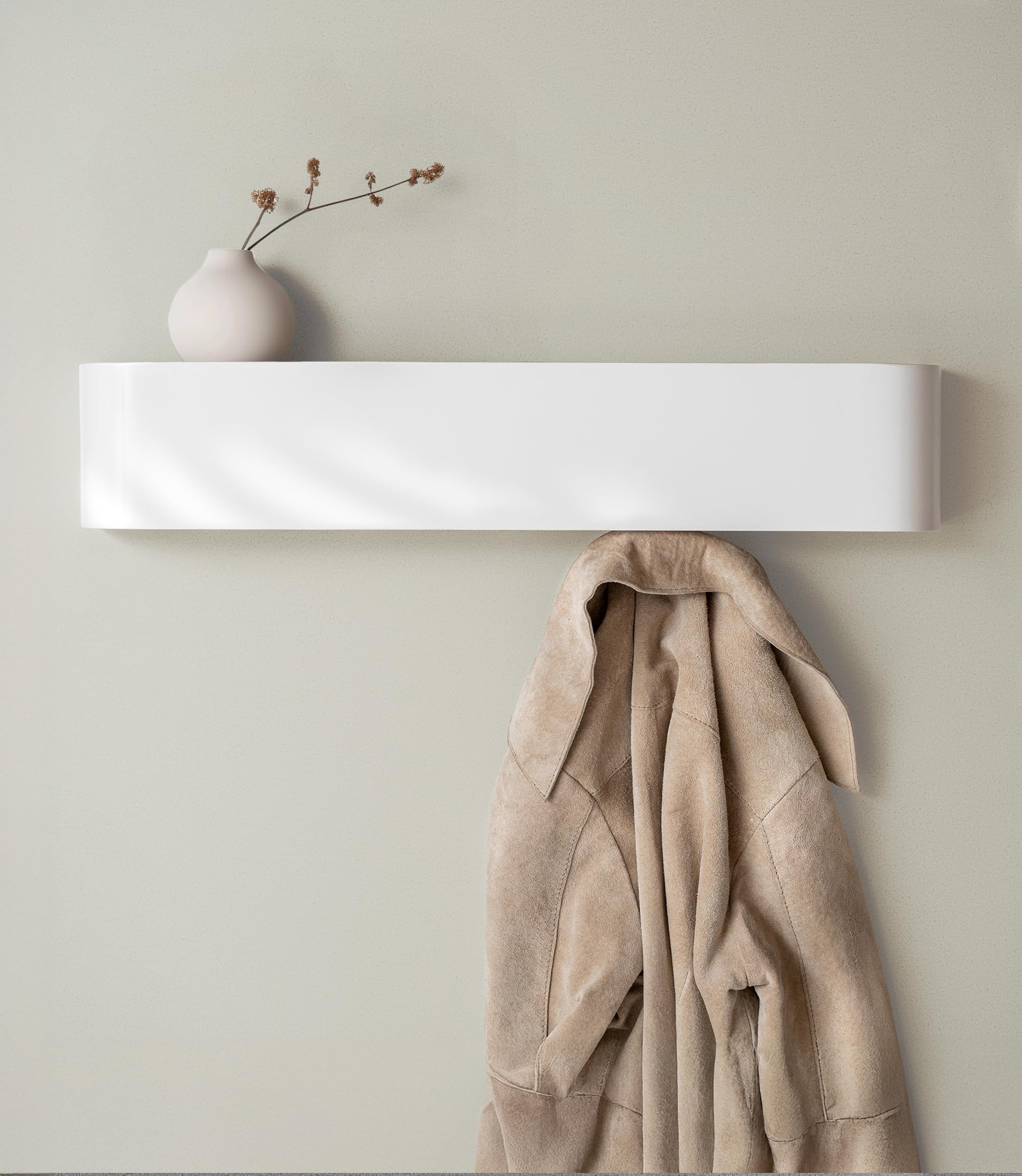 Kazai. Wall-Mounted Coat Rack 'Toke' | Modern Design Coat Rack with Hidden Wall Hooks | Solid Wood Veneer Panel Coat Hanger | White