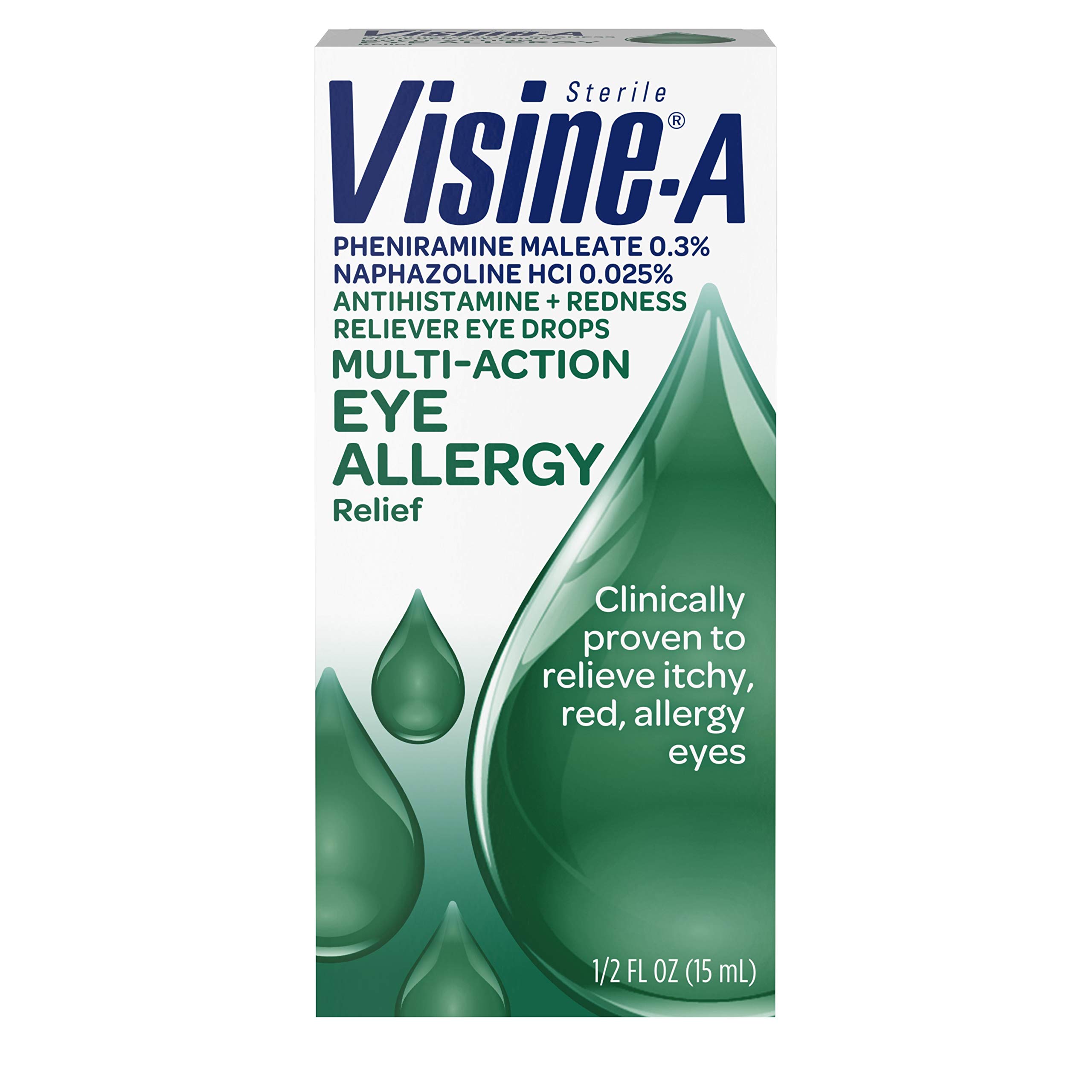 Visine-A Antihistamine + Red Eyes Multi-Action Allergy Relief Eye Drops with Pheniramine Maleate &amp; Naphazoline HCl for Red, Itchy Allergy Eyes, 0.5 fl. oz