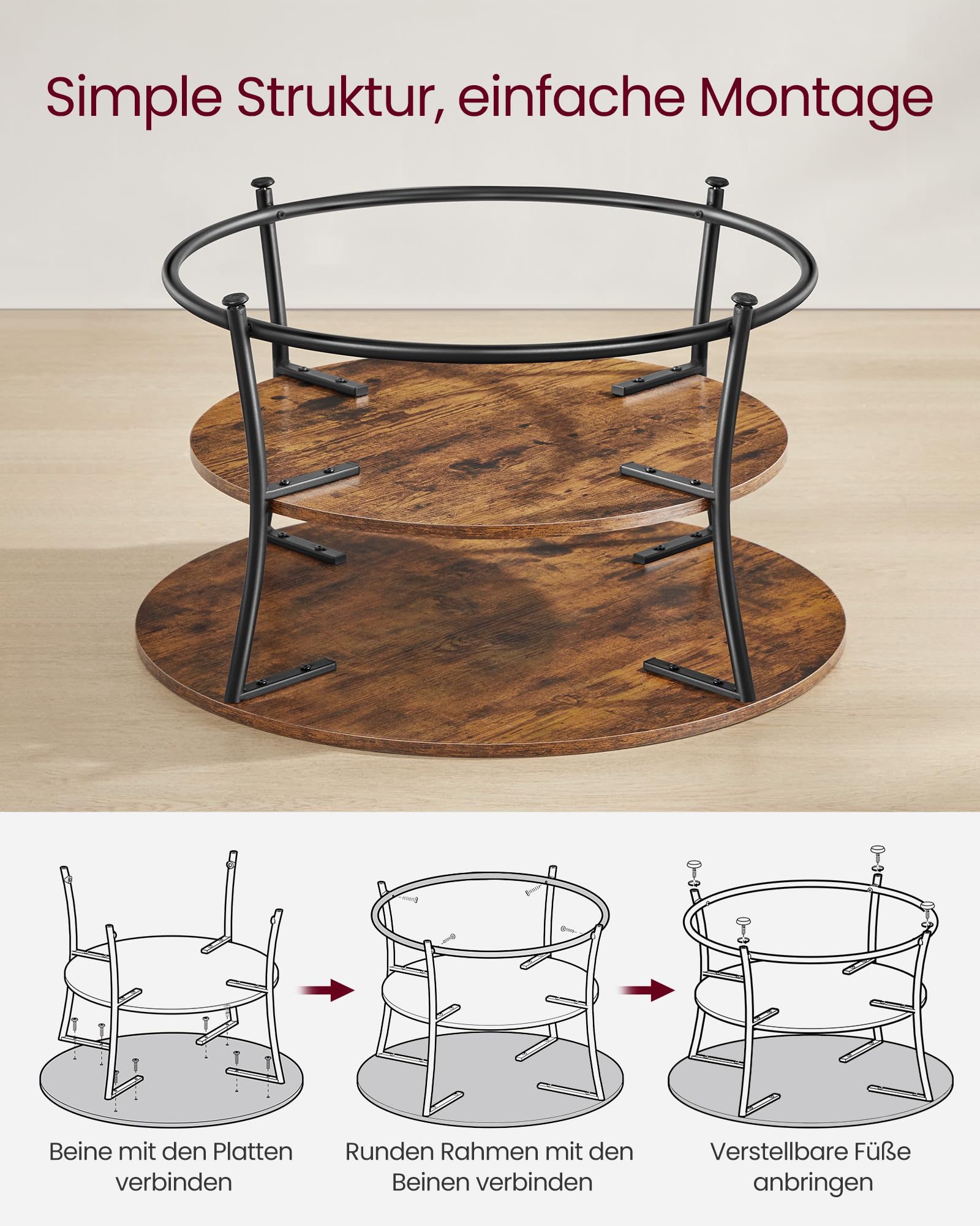 VASAGLE Couchtisch rund, Wohnzimmertisch, Sofatisch mit Ablage, einfacher Aufbau, Metall, Industrie-Design, vintagebraun-tintenschwarz LCT80BX 5