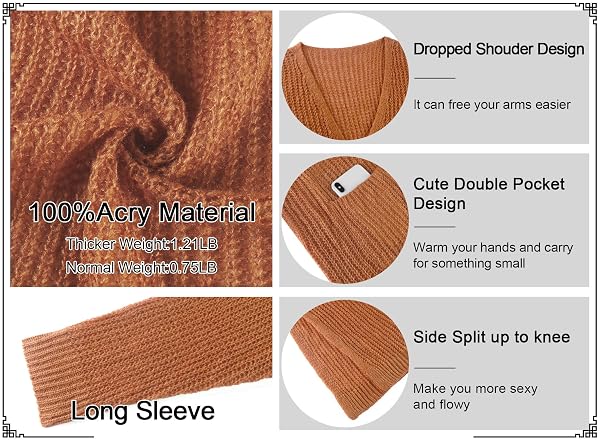 WOMENS CARDIGAN SWEATERS LONG SLEEVE LONG KNIT CARDIGAN LIGHTWEIGHT CHUNKY OPEN MAXI CARDIGAN SWEATER WITH POCKETS PUMPKIN M