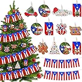 Roowest 37 Pcs Puerto Rico Christmas Tree Ornament 12 Styles Wood Holiday Ornament with Coquí Cemí Pattern 1 Puerto Rican Flag String 196.85 Inches/ 5 M for Xmas Tree Home Decoration Gifts