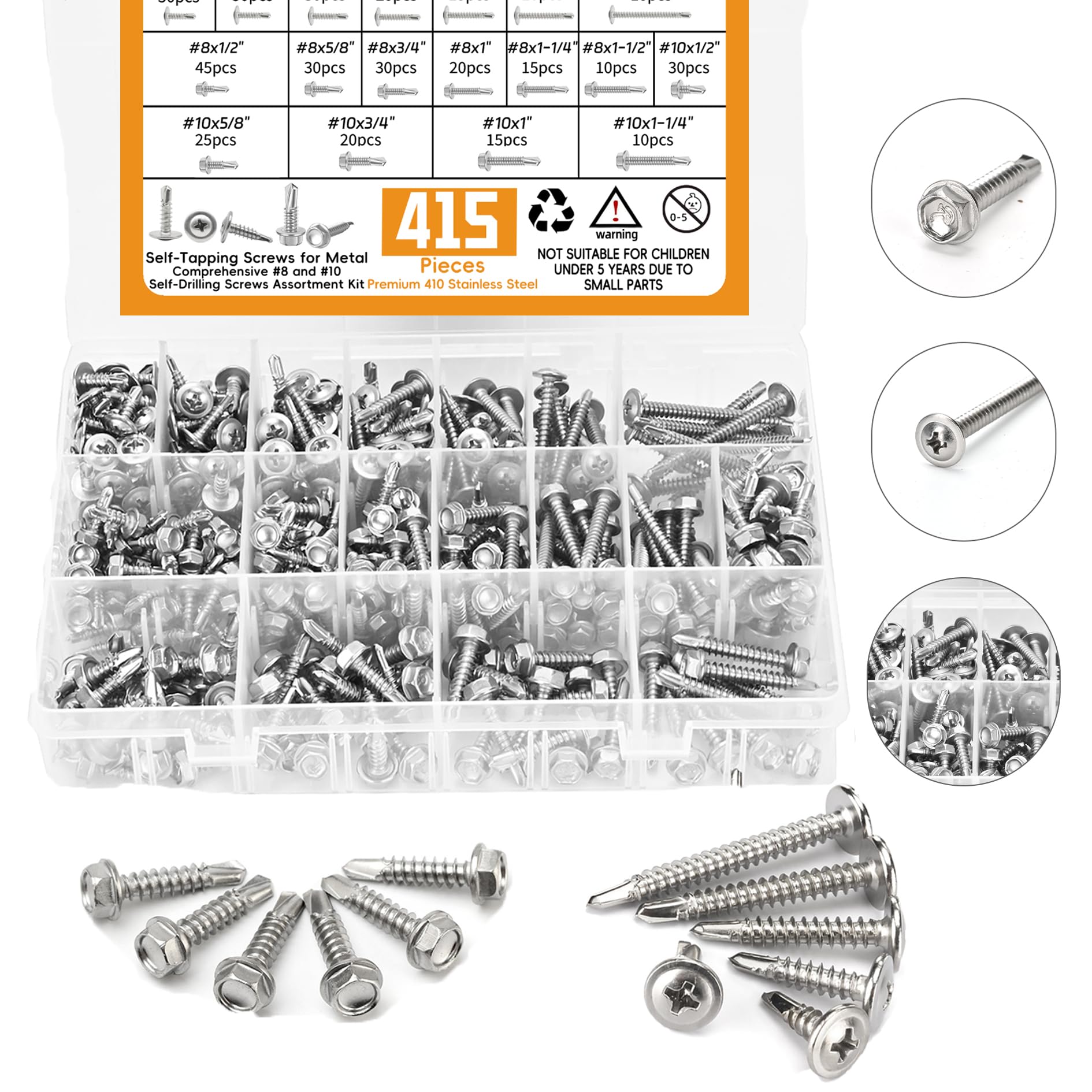 Photo 1 of 415pcs Premium #8 & #10 Self Tapping Screw Assortment Kit, 410 Stainless Steel Sheet Metal Screws with Length 1/2" to 2", Truss Head &Hex Washer Head Self Drilling Screws for Metal