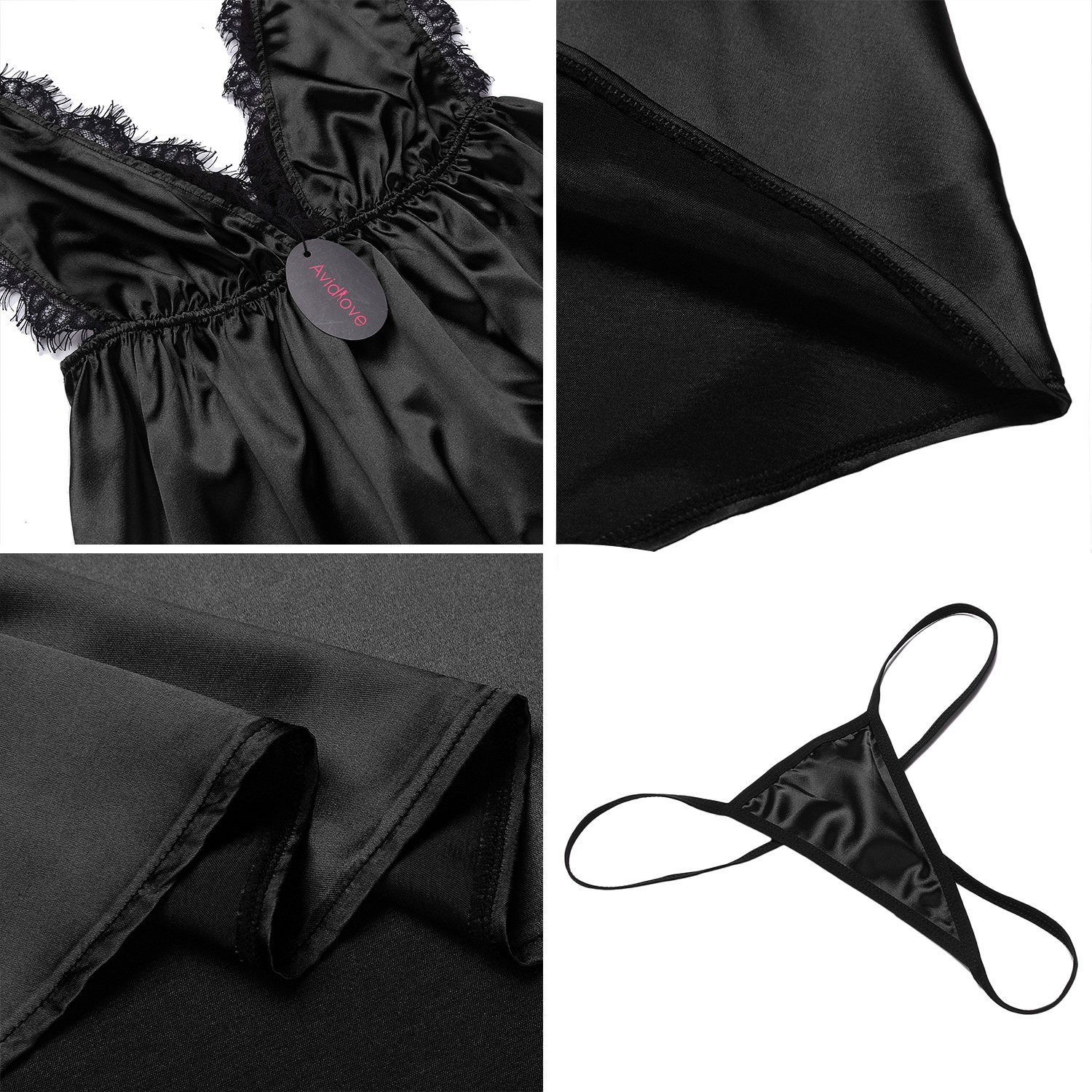 ADOME Women Satin Lace Patchwork Sexy V-neck Chemise Babydoor Lingerie G-string Pajamas