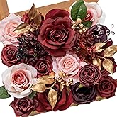 Serwalin Burgundy Artificial Flowers, Burgundy and Pink Silk Fake Flowers for DIY Wedding Decoration, Deep Red Flowers for Cake Bridal Bouquet Table Centerpieces Party Baby Shower