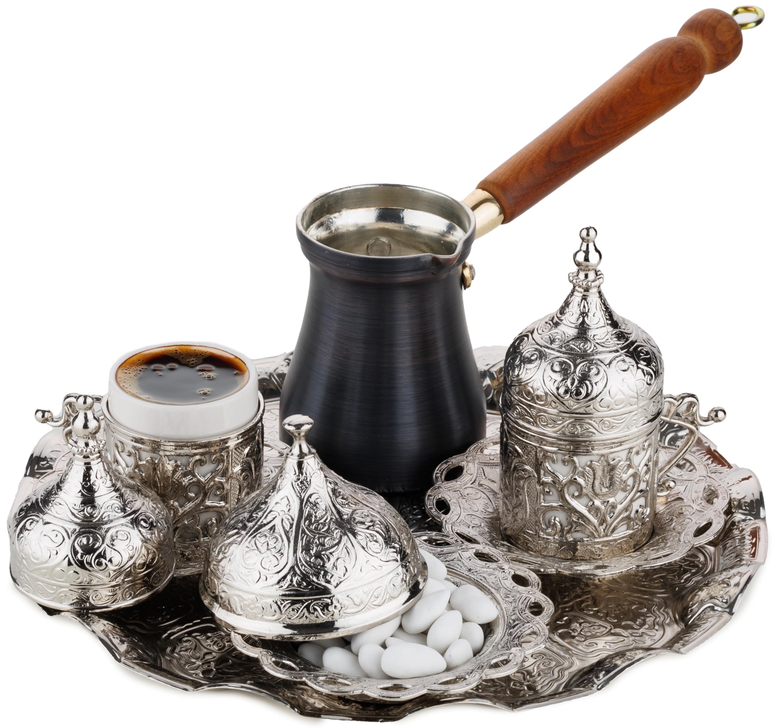 Photo 1 of DEMMEX Turkish Greek Arabic Coffee Making and Serving Full Set with Cups, Saucers, Lids, Sugar Bowl, Tray and Antiqued Copper Coffee Pot, 12 Pcs (Silver)