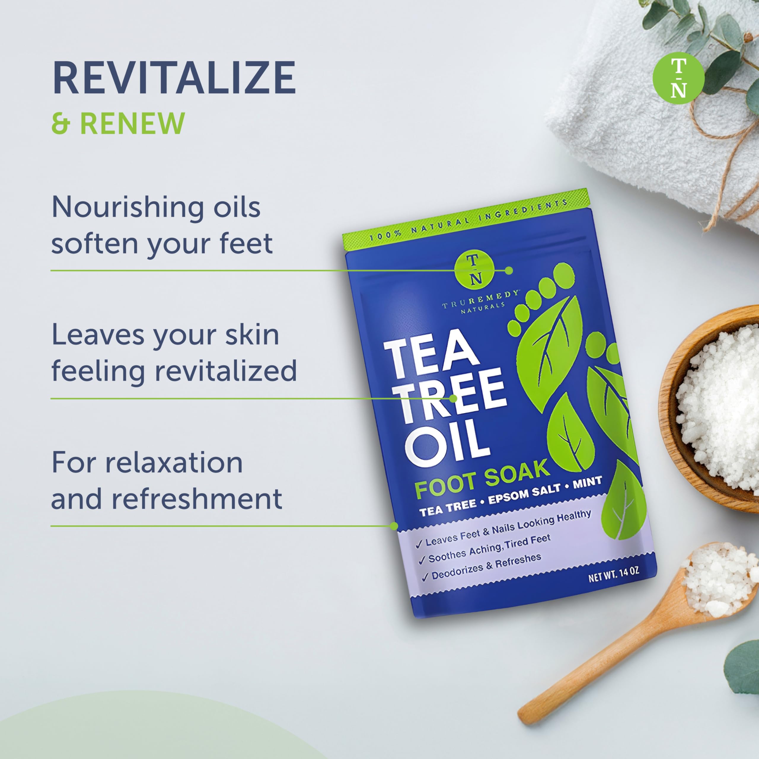 14oz Tea Tree Oil Foot Soak with Epsom Salt and Mint by Truremedy Naturals - Foot Soaking Salts for Dry and Tired Feet - Gently Exfoliates and Refreshes Feet for Soft, Supple Skin