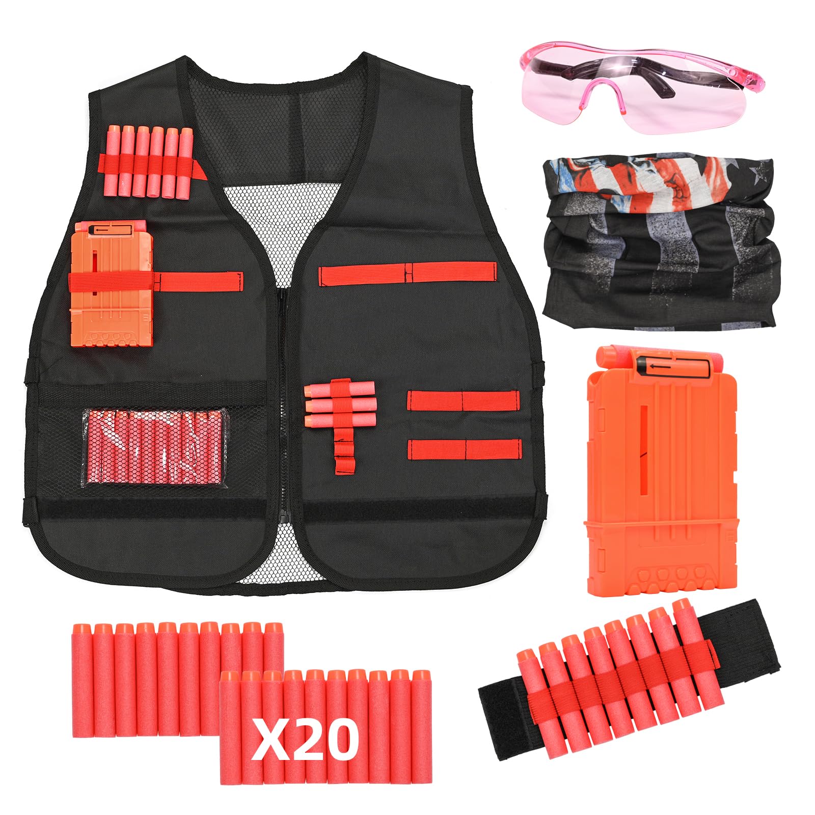 LUUFAN Zipper Tactical Vest Kit for NERF Guns with Refill Darts, Wrist Band, Reload Clips, Tactical Mask and Protective Glasses for Birthday Party Thanksgiving Gift