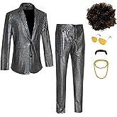 DZMDIP Men's 70s Disco Costume Shiny Metallic Sequin Suits Set Prom Party 2 Piece Outfits