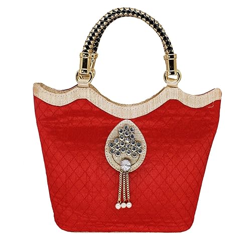 Bagaholics Ethnic Diamond Studded Brooch Silk Handbag Clutches Ladies Purse Hand held Bag Gift for Women