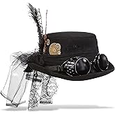 Attitude Studio Fedora Steampunk Hat with Goggles, Feathers, and Gears - Black