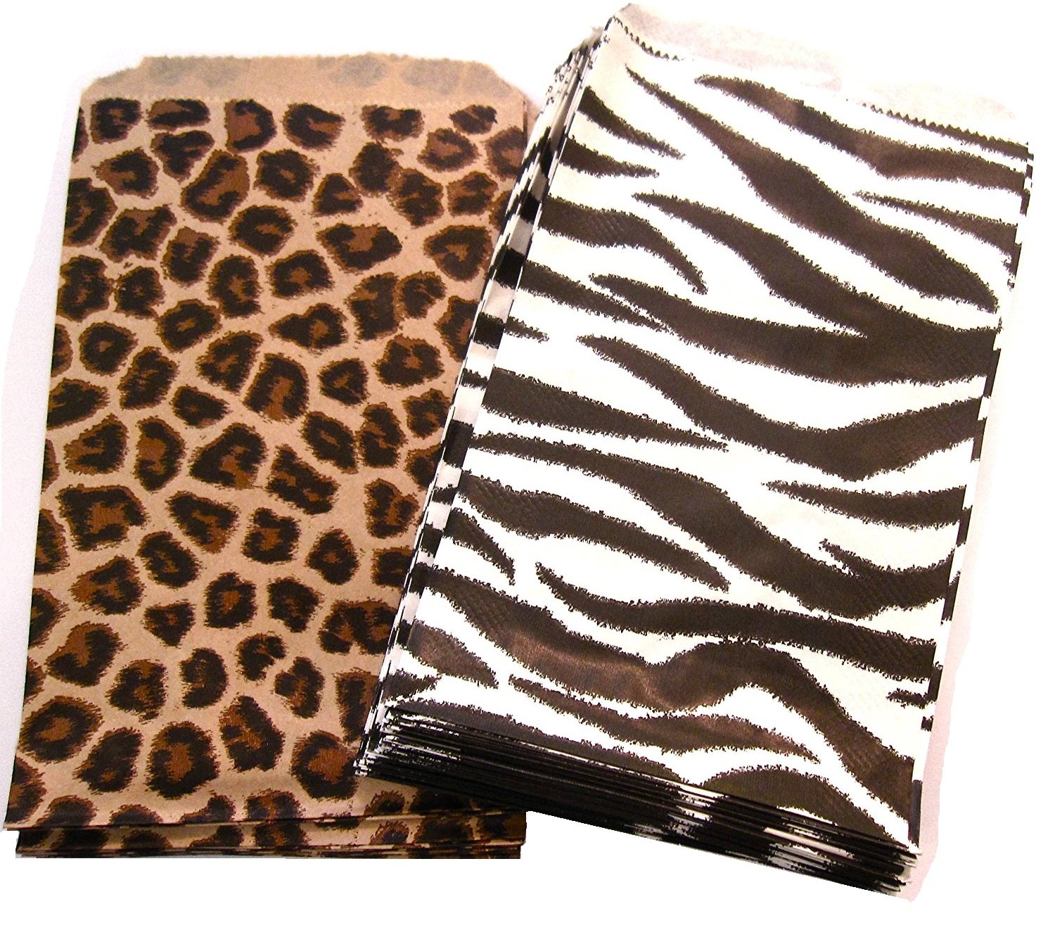 50 Qty 5" x 7" Leopard & Zebra Combo Print Flat Plain Paper Gift Bags or Patterned Decorative Bags for candy, cookies, merchandise, pens, Party favors, showers, holidays, events and gifts