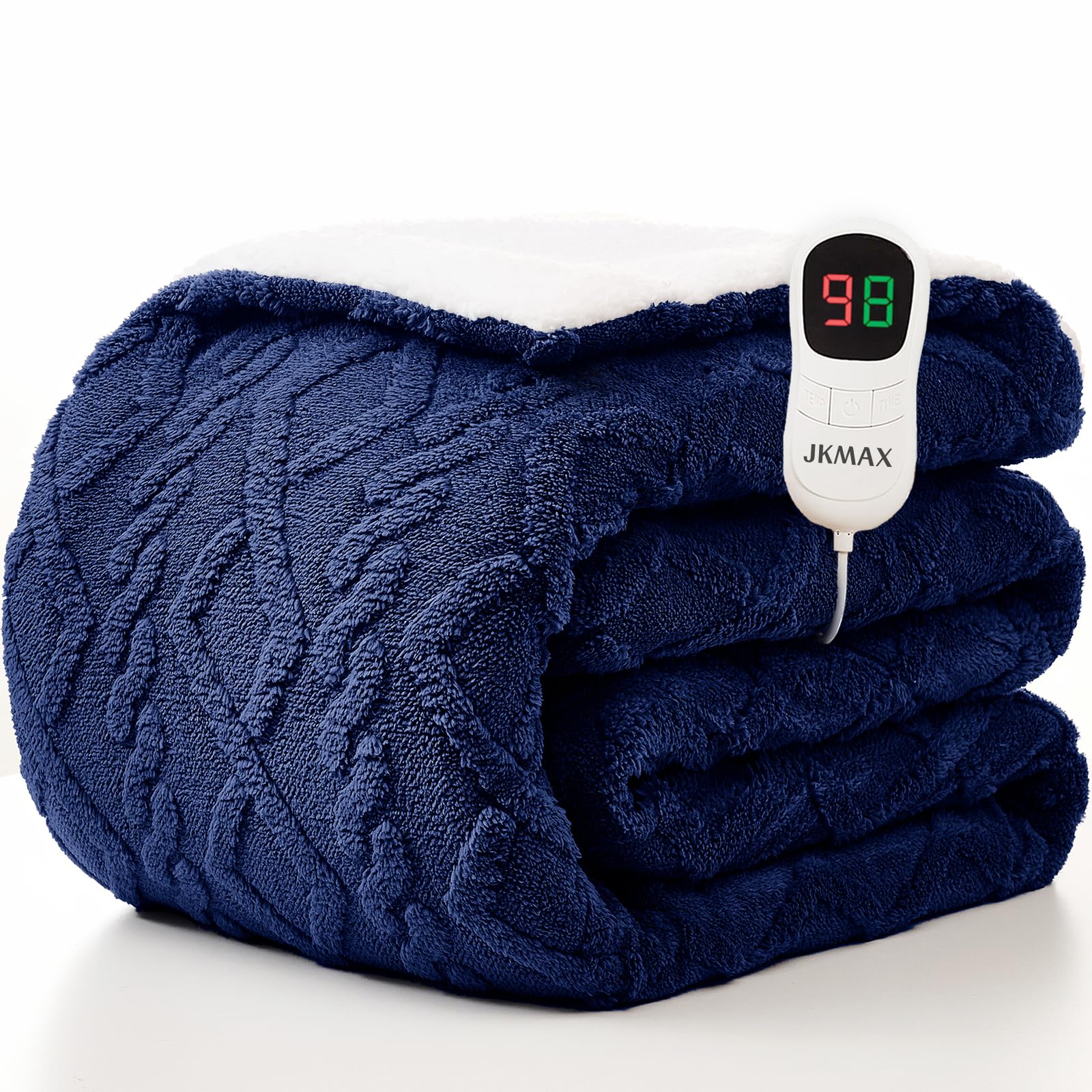 JKMAX Heated Electric Blanket Twin Size-62"x84" Heating Blanket with 10 Heating Levels & 5 Time Settings Over-Heat Protection，Winter Warmer for Adults with ETL Certification（Navy Blue）