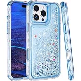 Tikoo for iPhone 16 Pro Max Case Glitter for Women Girl Clear 3-in-1 Heavy Duty Protective Phone Case with Floating Liquid Quicksand Shiny Bling Sparkly Cute iPhone 16 Pro Max Case 6.9” (Blue)