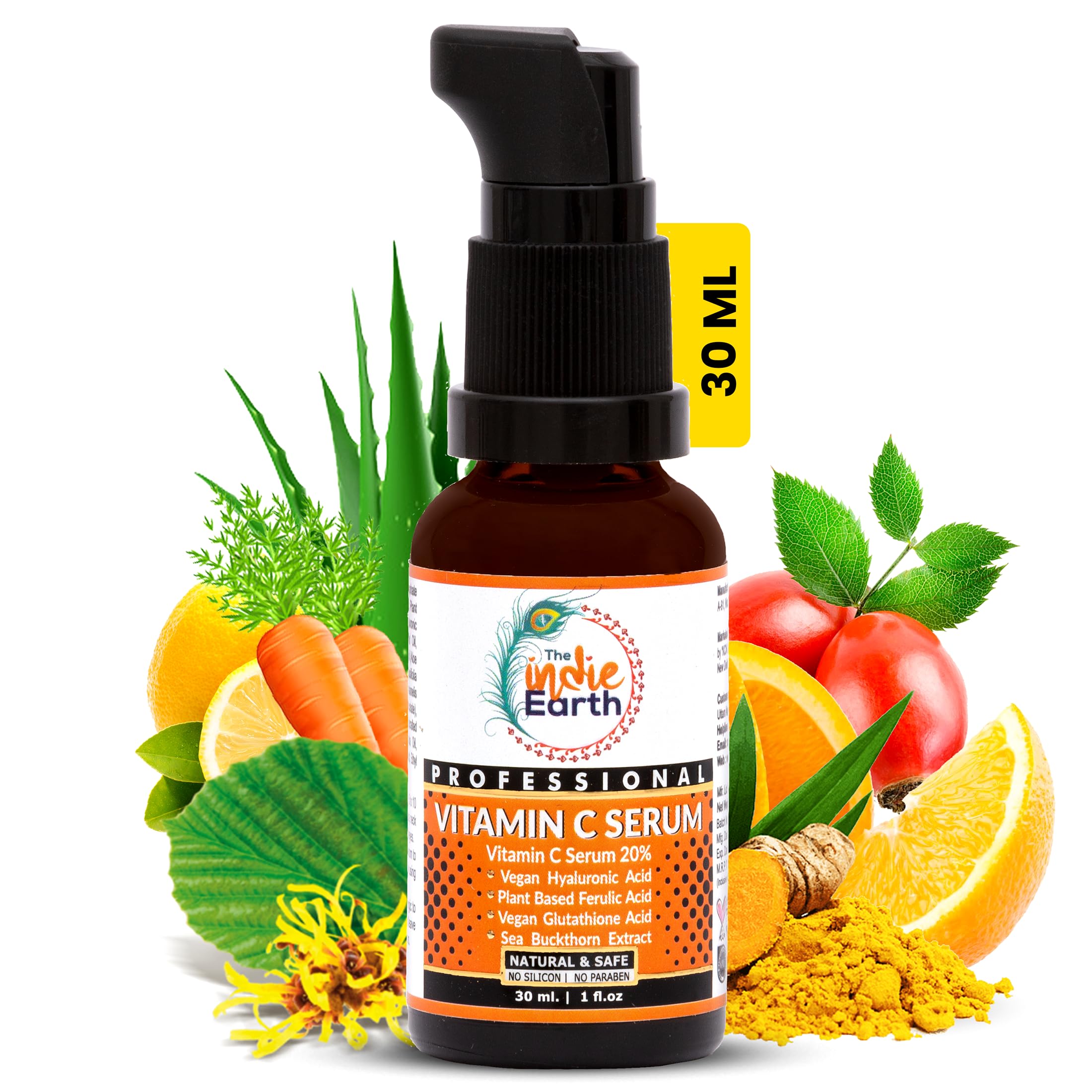 The Indie Earth Vitamin C Serum with Turmeric, Vitamin E, Vegan Hyaluronic Acid, Ferulic Acid and Vegan Glutathione Acid Serum (30 ml) Best Vitamin C Serum Best Fairness Serum
