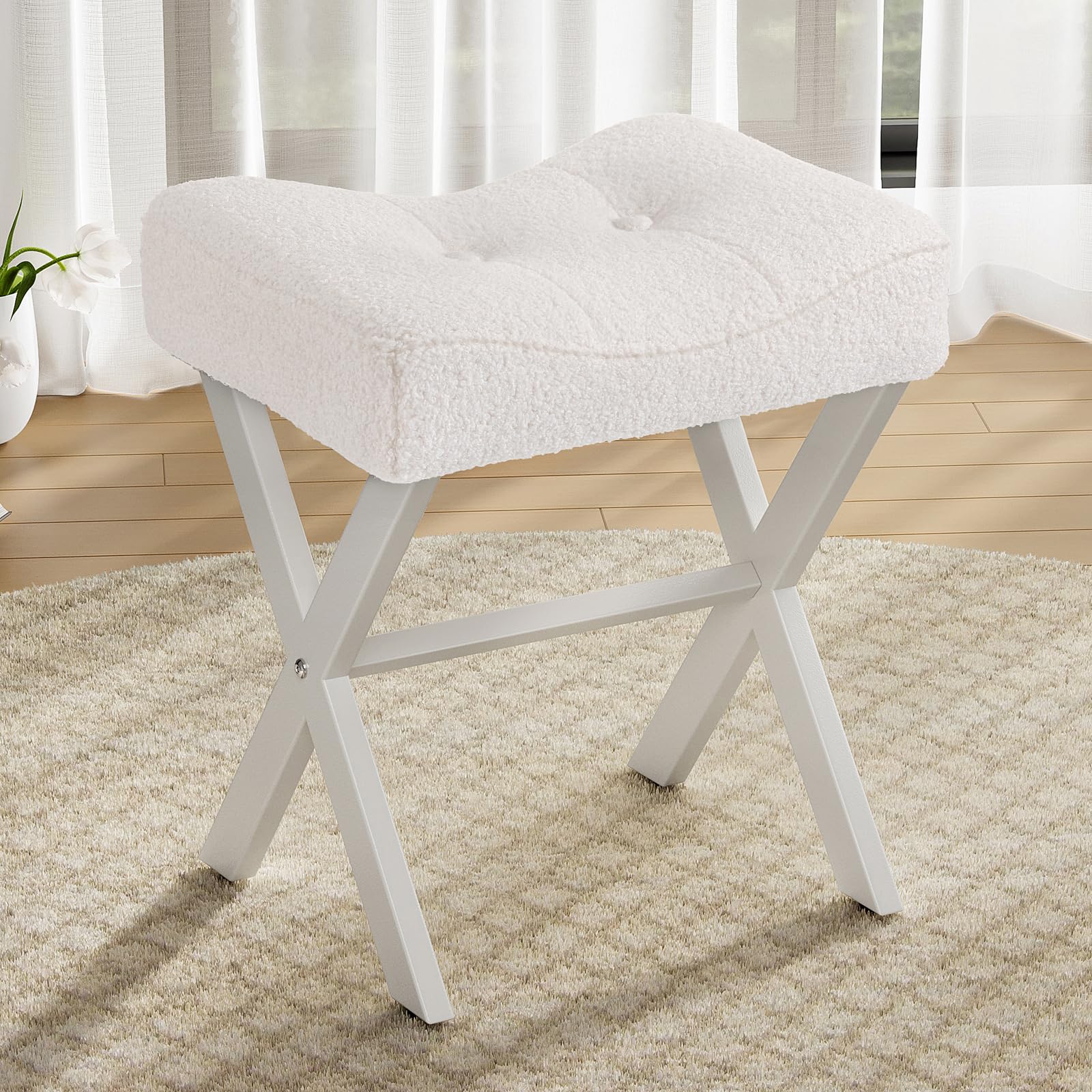 Memobarco 18-Inch Vanity Stool Chair, Vanity Bench with Metal X-Legs, Ottoman Accent Stool with Breathable and Soft Boucle Fabric Saddle Seat, White Image
