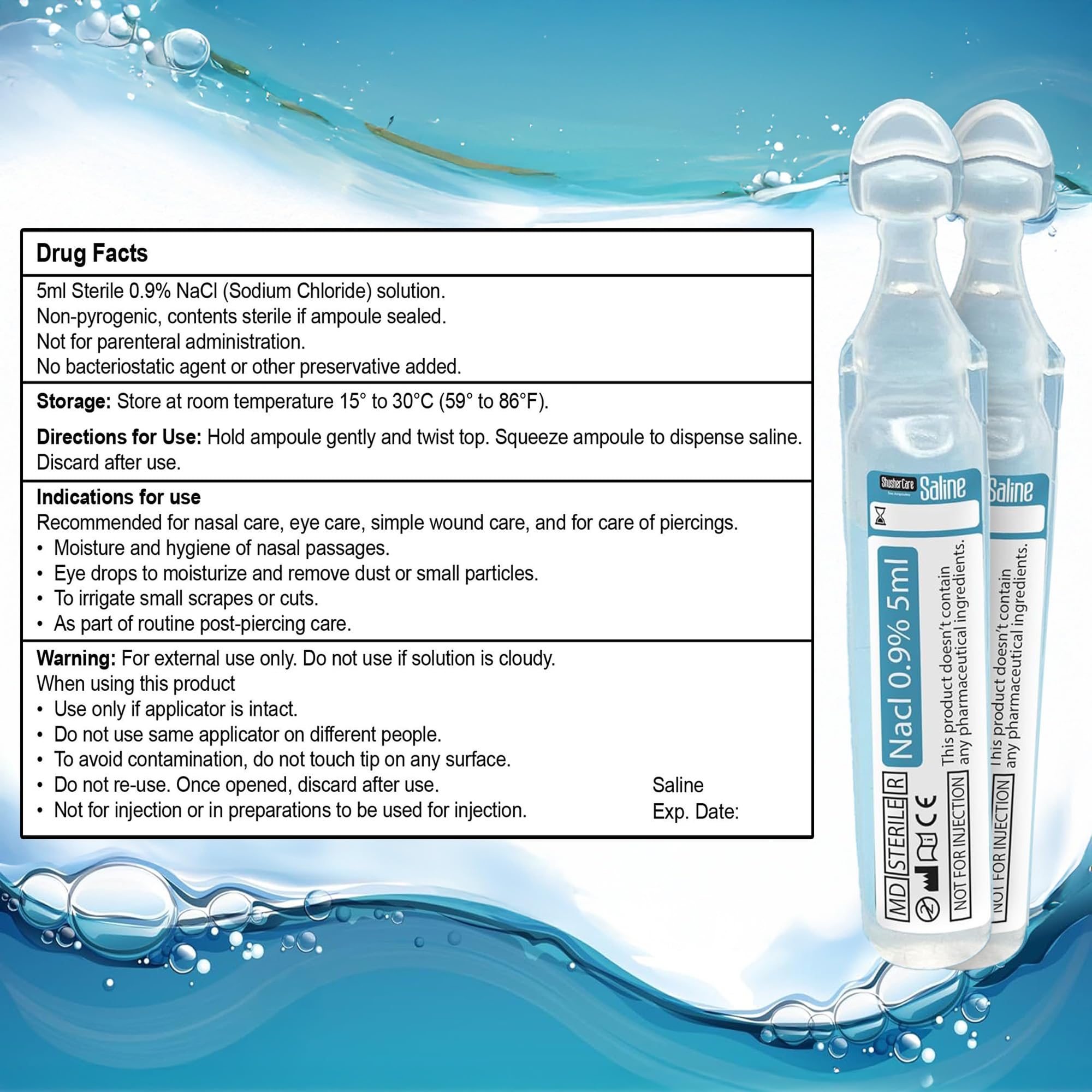 Saline Ampoules - Saline Solution for Nebulizer, Sodium Chloride 0.9% for Nose, Nasal Cleanse for Babies, Kids, & Adults, Sterile Nasal Care, Wound Cleansing - 20 Count (5ml Each)