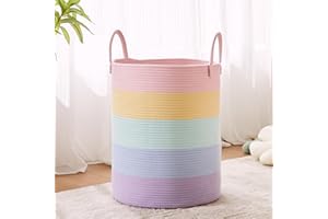 MOJOSCEND Rainbow Girls Kids Hamper Laundry Basket for Baby Nursery Clothes Blanket Basket for Toy Pastel Unicorn Woven Rope Hamper in Playroom Bedroom