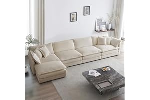 KIVENJAJA Oversized L-Shaped Modular Sectional Sofa, Modern Comfy Chenille 4-Seater Deep Seat Cloud Couch with Ottoman/Chaise & 6 Pillows for Living Room Office, 146.5”W, Light Camel
