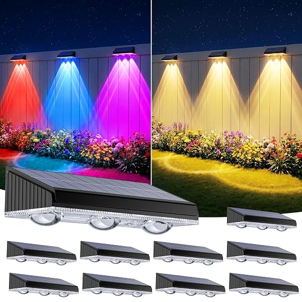 BONLION SOLAR FENCE LIGHTS OUTDOOR 10 PACK, UPGRADED BRIGHTNESS 3X LED LENS FENCE LIGHTS SOLAR POWERED, 9 FIXED COLORS & RGB LIGHTS,IP65 WATERPROOF SOLAR LIGHTS FOR OUTSIDE BACKYARD/RAILING/STEP/PATIO