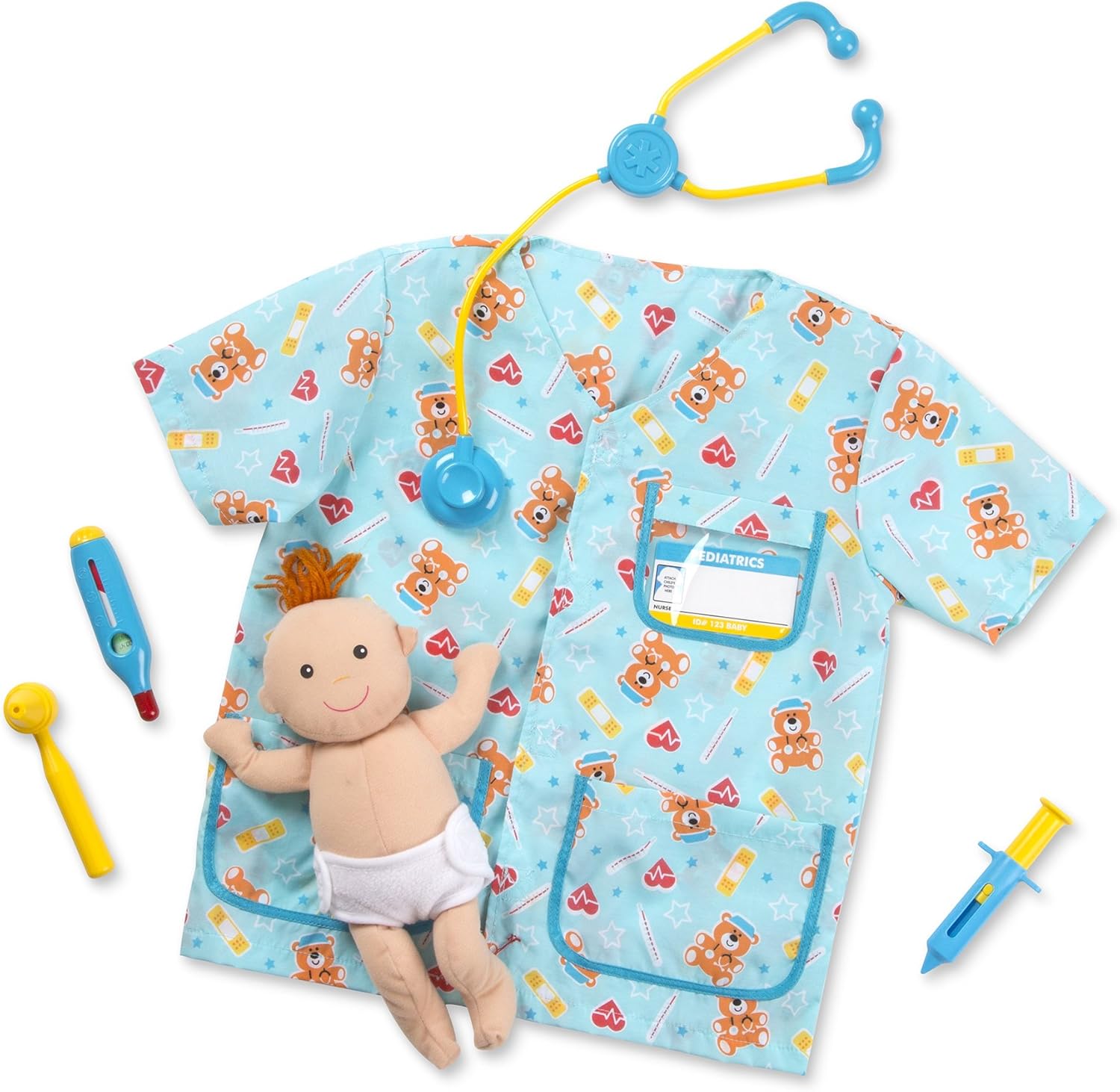 Melissa & Doug Pediatric Nurse Role Play Costume Set (8 pcs) - Includes Baby Doll, Stethoscope