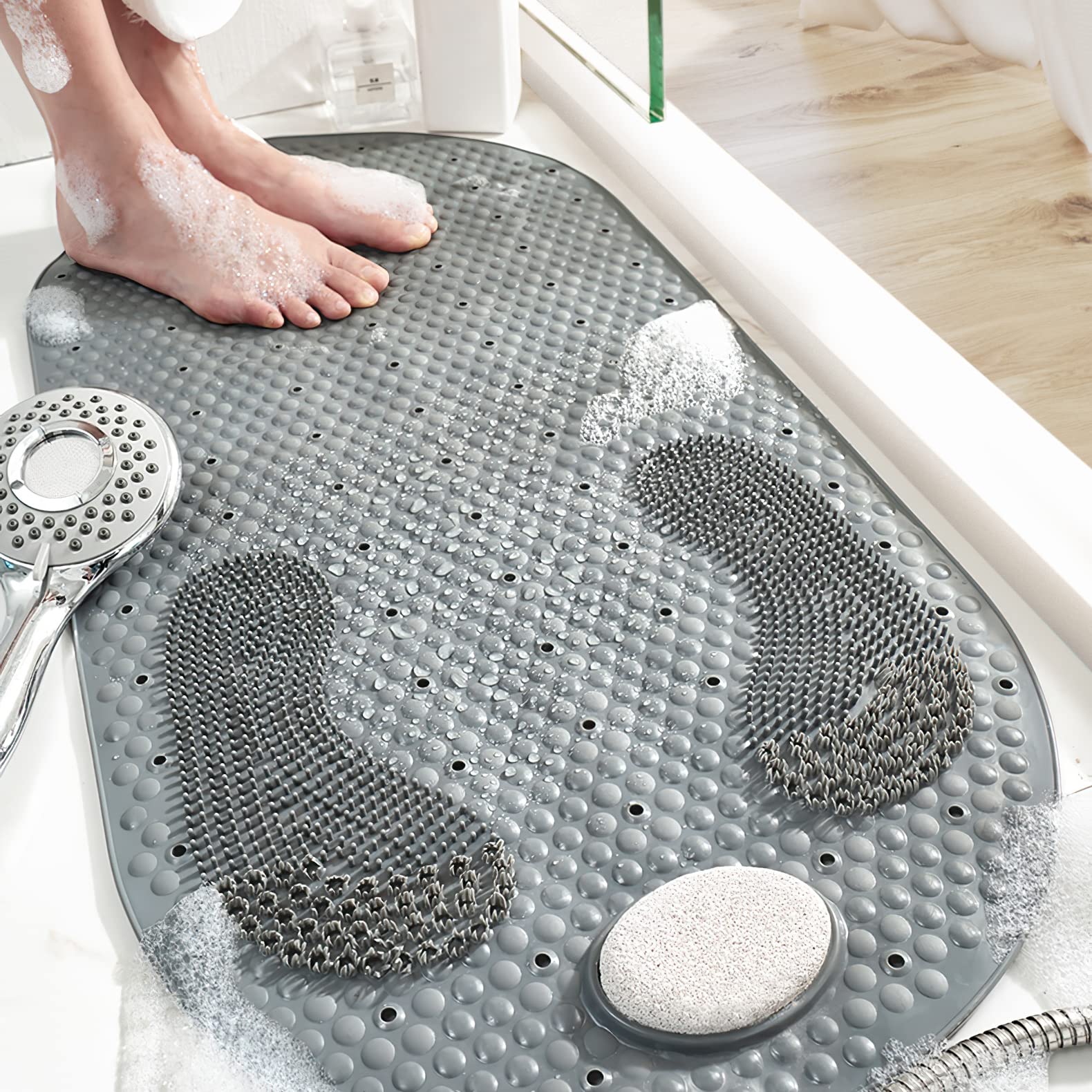 KAITOER Shower Mats Bath Mat Non-Slip Bath Mats for Tub Grinding Floor Massage Mat Foot Mat with Removable Pumice Stone 15.7 x 31.4 inch Soft Bathtub Mat with Suction Cups & Drain Holes