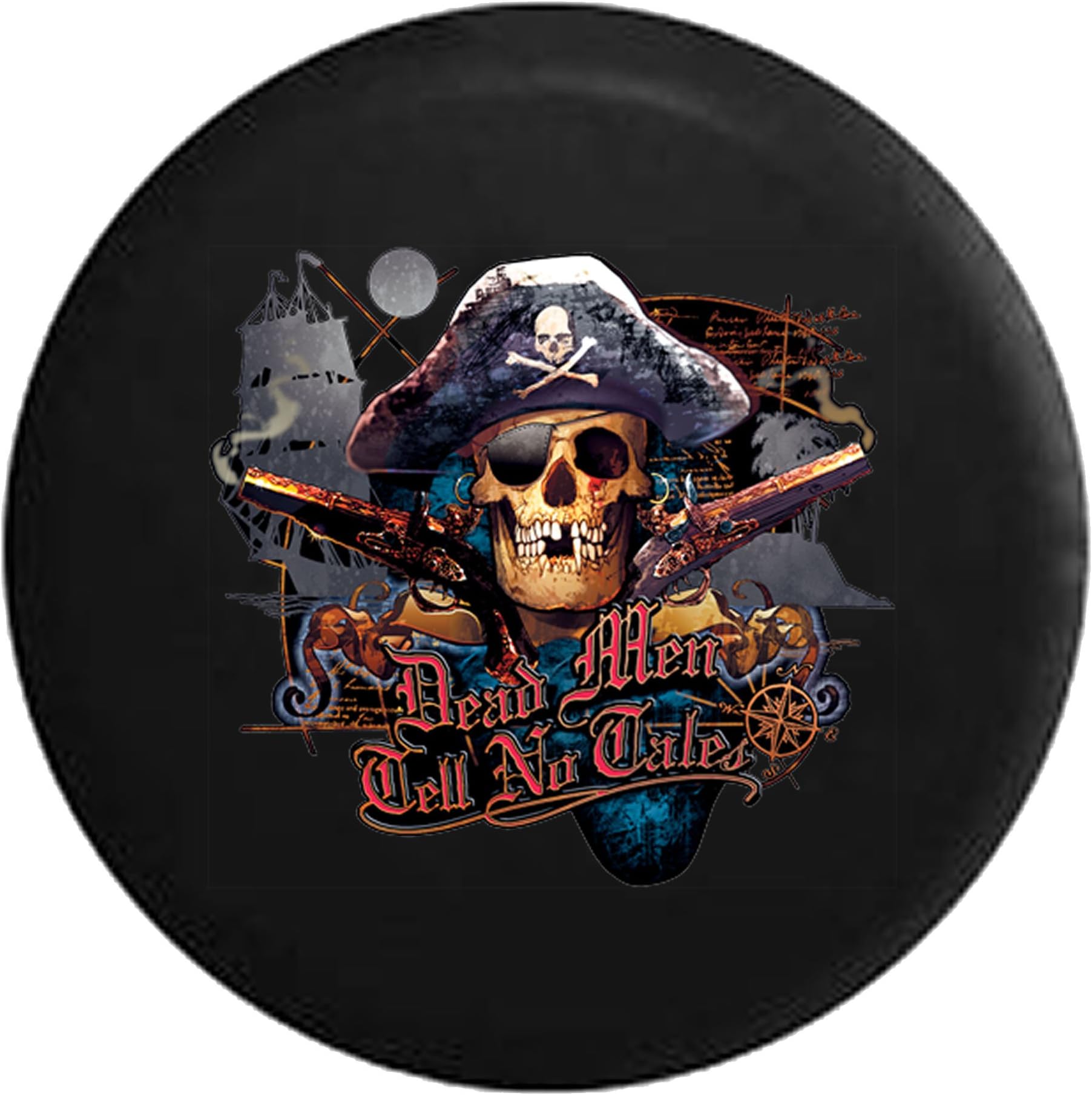 American Unlimited Dead Men Tell No Tales Pirate Skull & Crossbones Sea Compass Spare Tire Cover Black 30 in