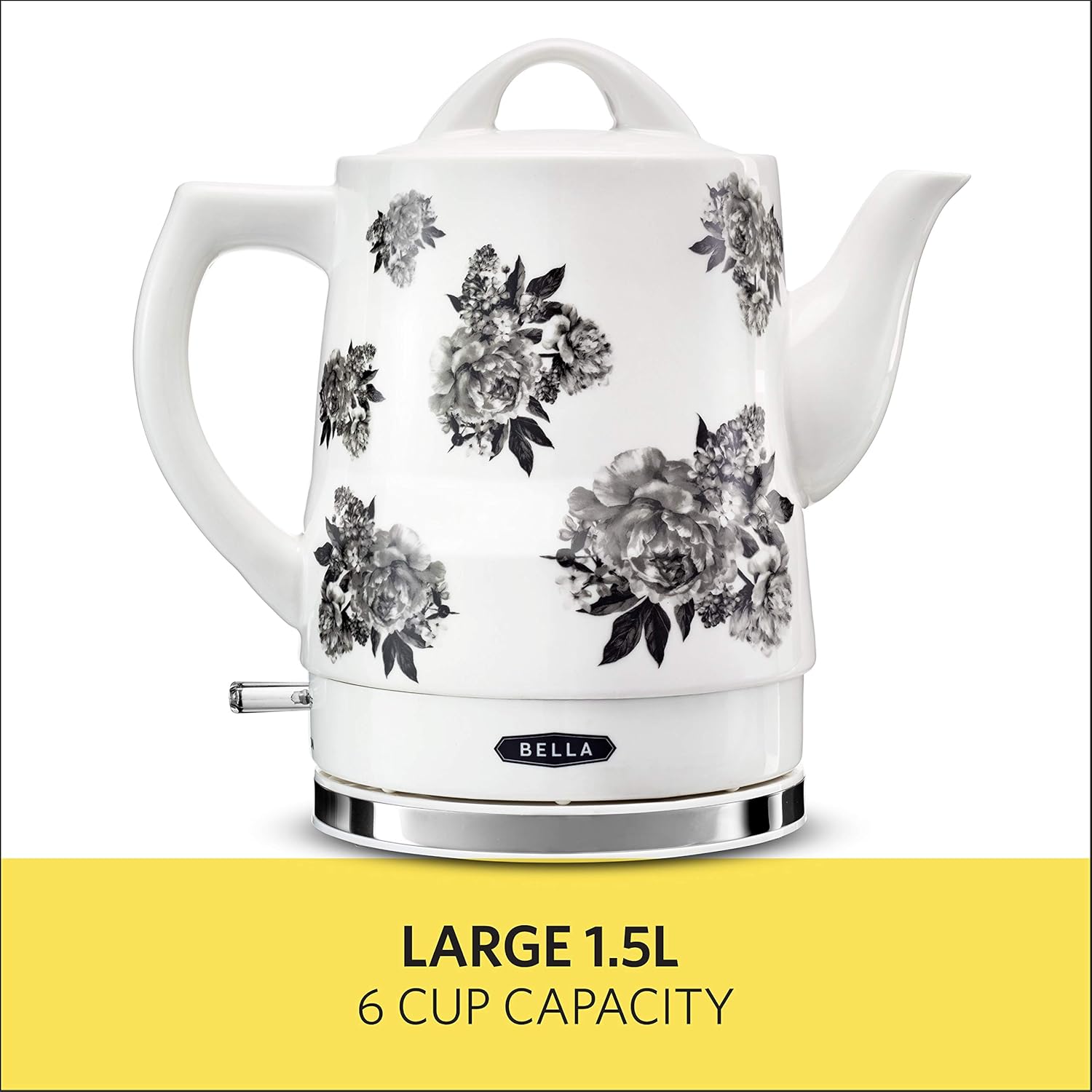 BELLA 1.5 Liter Electric Ceramic Tea Kettle with Boil Dry Protection & Detachable Swivel Base, Black Floral: Kitchen & Dining