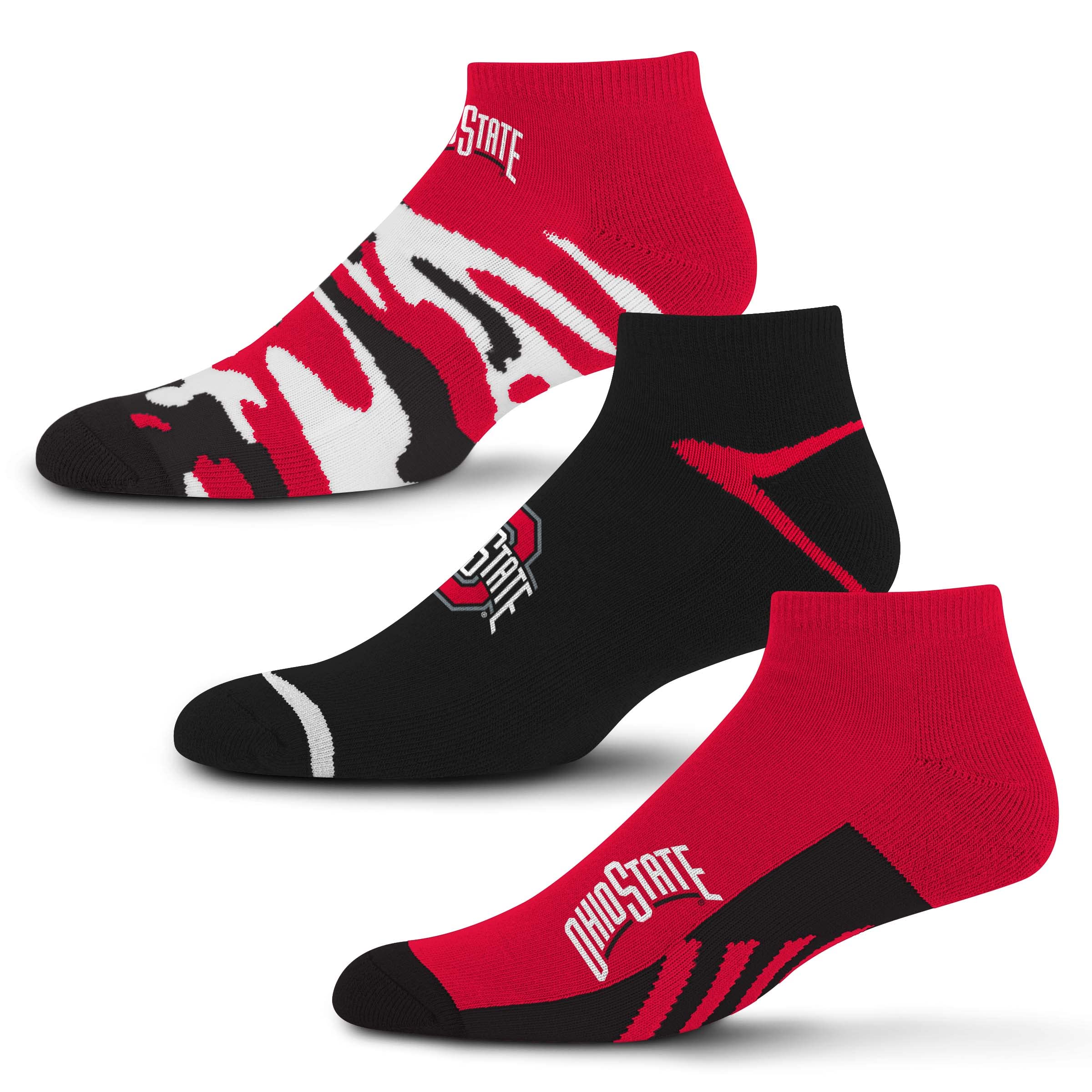 For Bare Feet NCAA Ohio State Buckeyes CAMO BOOM 3 Pack Ankle Sock Team Colors Medium Image