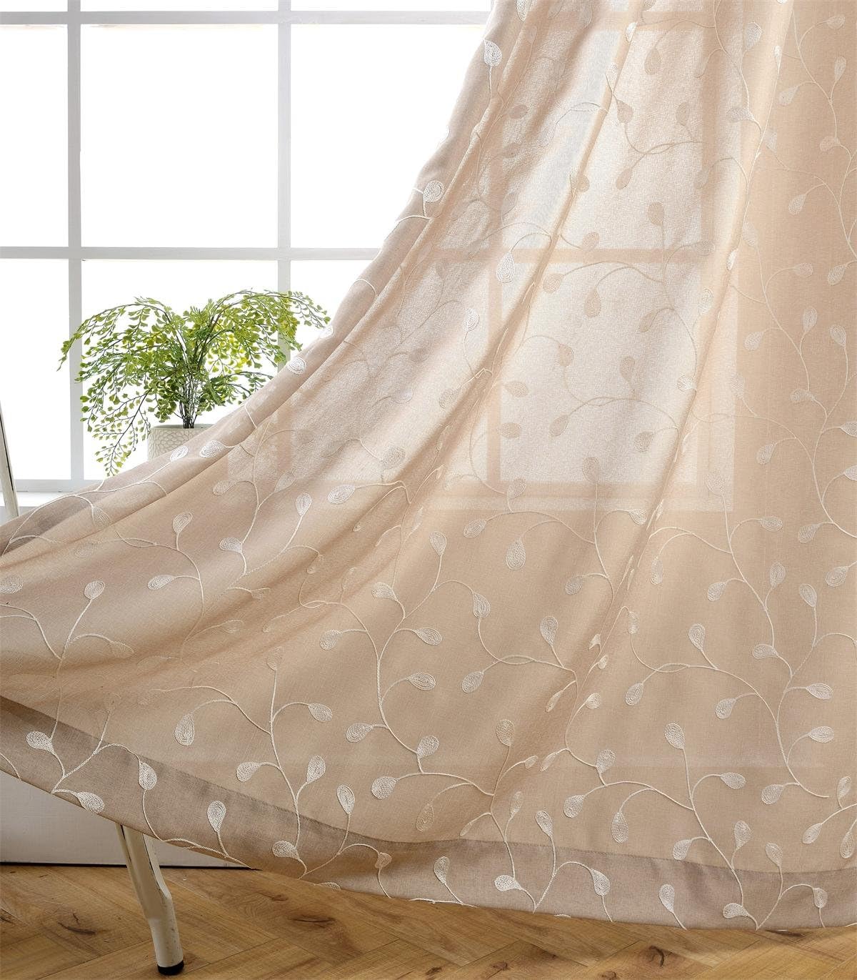 MIUCOFloral Embroidered Semi Sheer Curtains Faux Linen Grommet Curtains for Kitchen 52 x 84 Inch 2 Panels, Linen