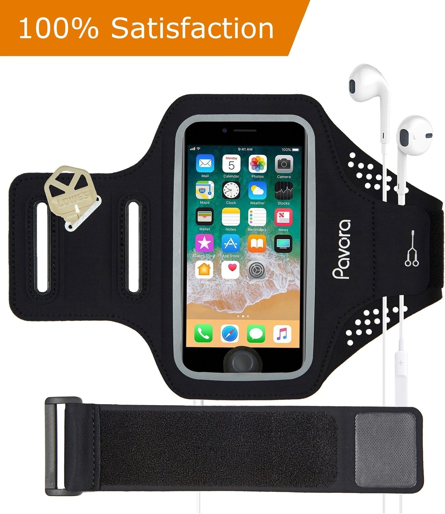 Phone Armband, Pavora iPhone Armband for iPhone X, 8, 7, 6, 6S, 5 SE, Water Resistant, Fingerprint Access, Card Holder, Free 6" Extender fit arm Size 10”-21” Fits 4.5"-5.2" Smart Phone (Black, 5.2")