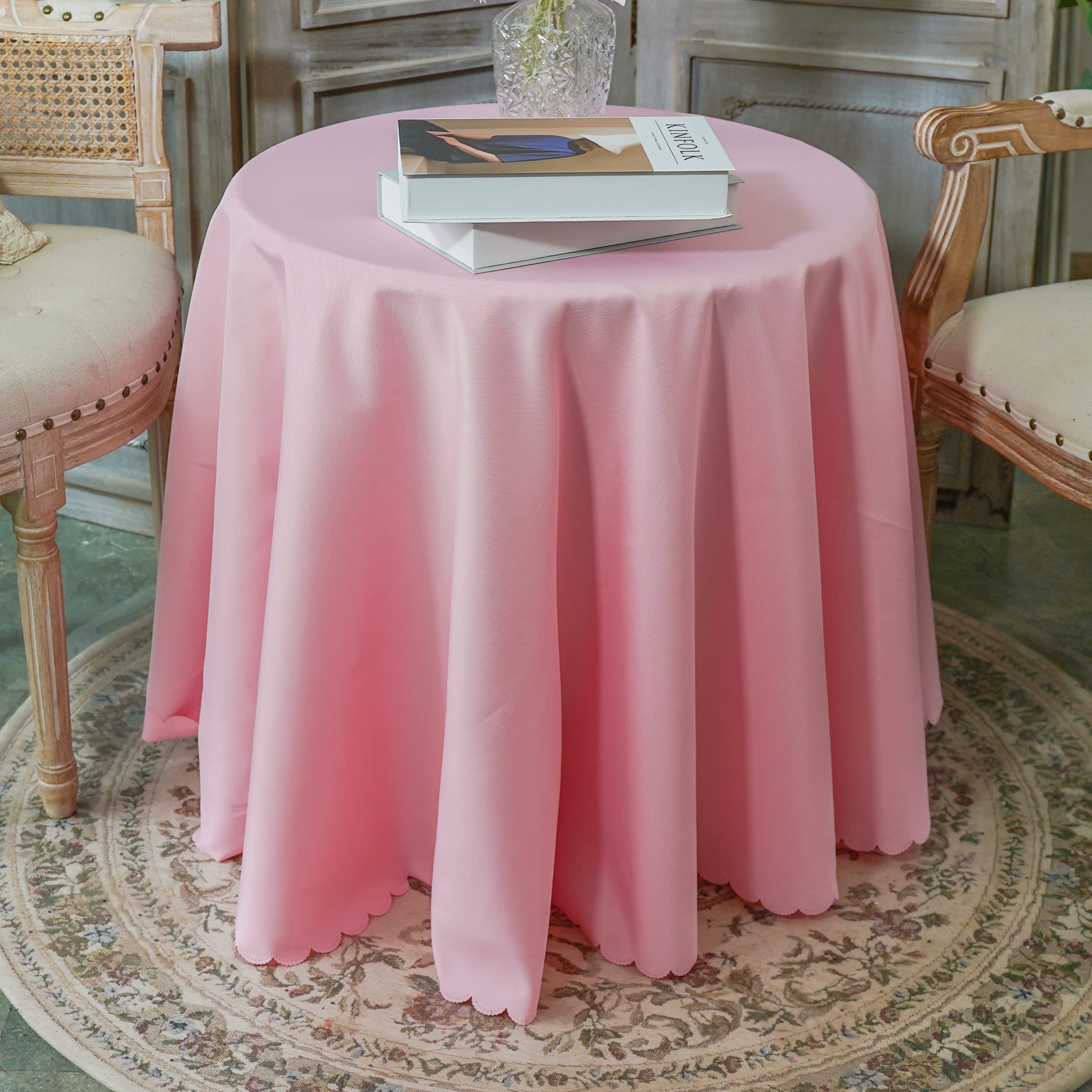 Photo 1 of (BAGGED) (USED/FAIR) JYFLZQ Pink Round Tablecloth 70 Inch for 4 Foot Tables Machine Washable Stain Resistant Polyester Fabric Table Cloth Table Cover for Parties Banquet Wedding(Equipped with 4 Napkin Cloth)