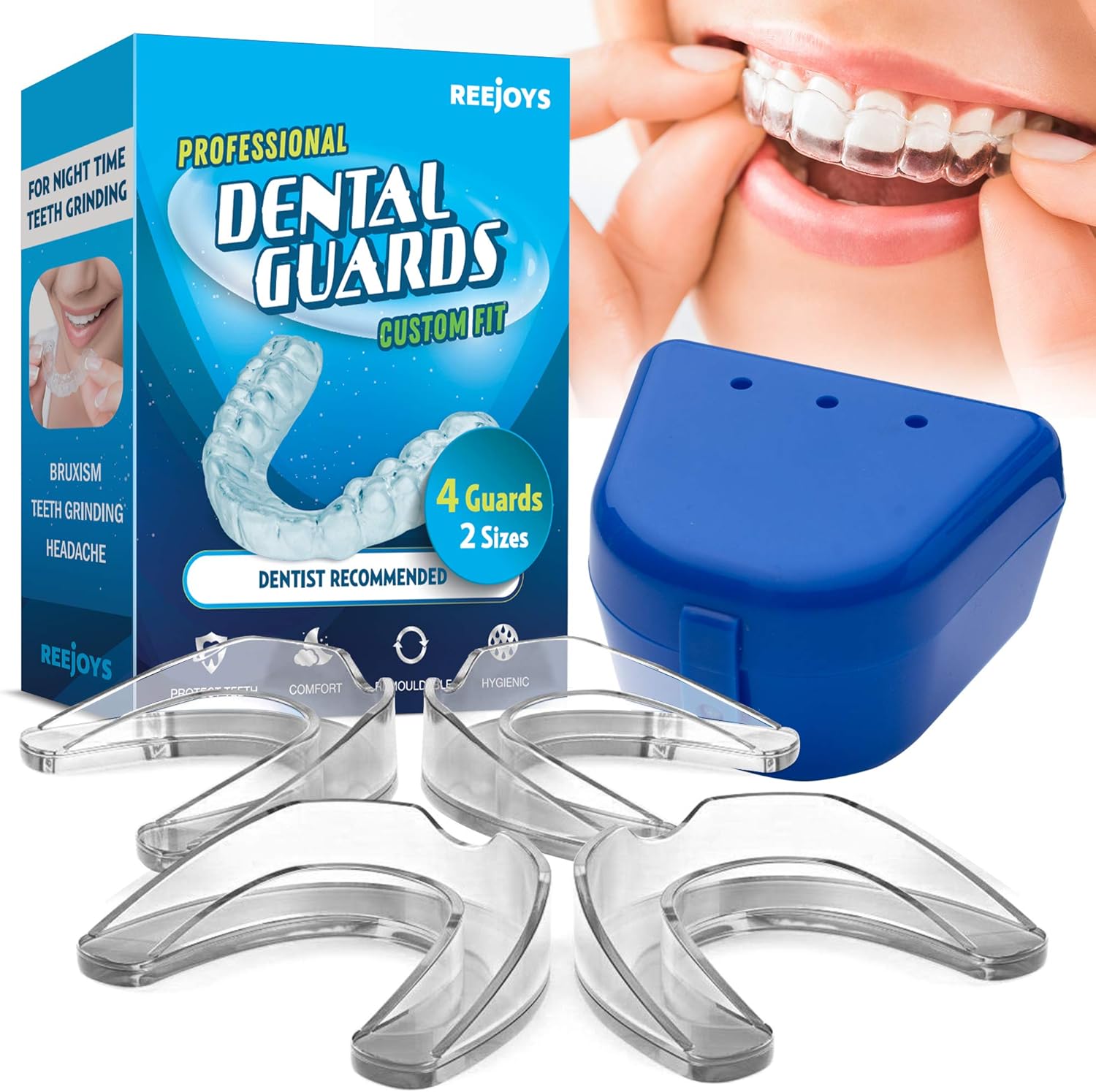 Reejoys Mouth Guard for Grinding Teeth, Custom Dental Night Guards for Teeth Grinding, Stops Bruxism, Tmj & Eliminates Teeth Clenching(4 Pcs): Health & Personal Care