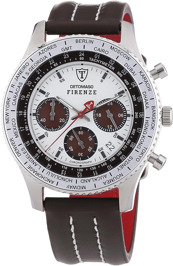 DETOMASO FIRENZE HerrenArmbanduhr Chronograph Analog Quarz braunes Lederarmband weißes