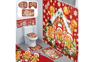 FuWeave 8 Pcs Christmas Shower Curtain Set Xmas Santa Bathroom Decoration Christmas Tree Hand Towels Snowman Toilet Lid Cover Bathroom Rugs Xmas Shower Curtain with Hooks(Gingerbread Man)