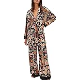Leyajedol Women Floral Satin Pajama Set Y2k Long Sleeve Button down Shirt Wide Leg Pants 2 Piece Silk Lounge Sleepwear
