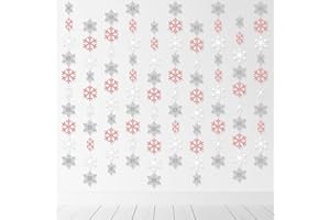 FHZYTG Winter Snowflake Hanging Decorations, Glitter Silver White Rose Gold Snowflakes Christmas Hanging Garland Winter Party Decorations for Winter Wonderland Girls Birthday Christmas Party Decorations