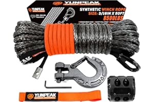 YUNPEAK Synthetic Winch Rope Kit, 3/16" x50 ft 8500LBS Winch Cable Replace Kit, with Protective Sleeve, Heavy Duty Hook, Rubber Stopper, Safety Pull Strap for Off-Road 4x4 Vehicles ATV UTV(Black)