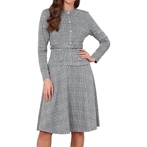 Allegra K Women's Vintage Houndstooth Plaid Work Midi Dress with Belt | Long Sleeve, Below the Knee, Elegant Business Casual