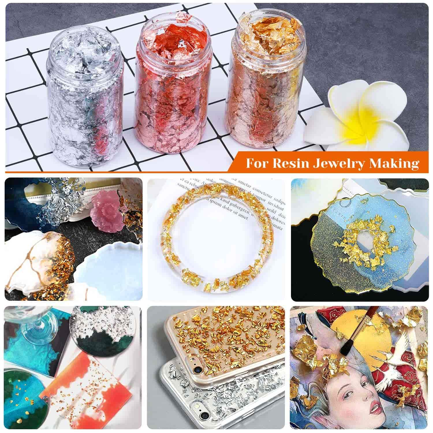Gold Foil Flakes for Resin, Paxcoo Imitation Gold Foil Flakes Metallic Leaf for Nails, Painting, Crafts, Slime and Resin Jewelry Making (Gold, Silver, Copper Colors)