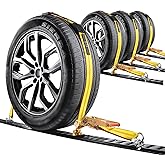 OXXTRIC E Track Tire Straps, 2" x 12' Car Tie Down Straps for Trailer Heavy Duty with E-Track Fittings,Car Hauler Ratchet Strap and 3 Rubber Blocks, Wheel Tie-Downs for Truck, UTV - 4Pack