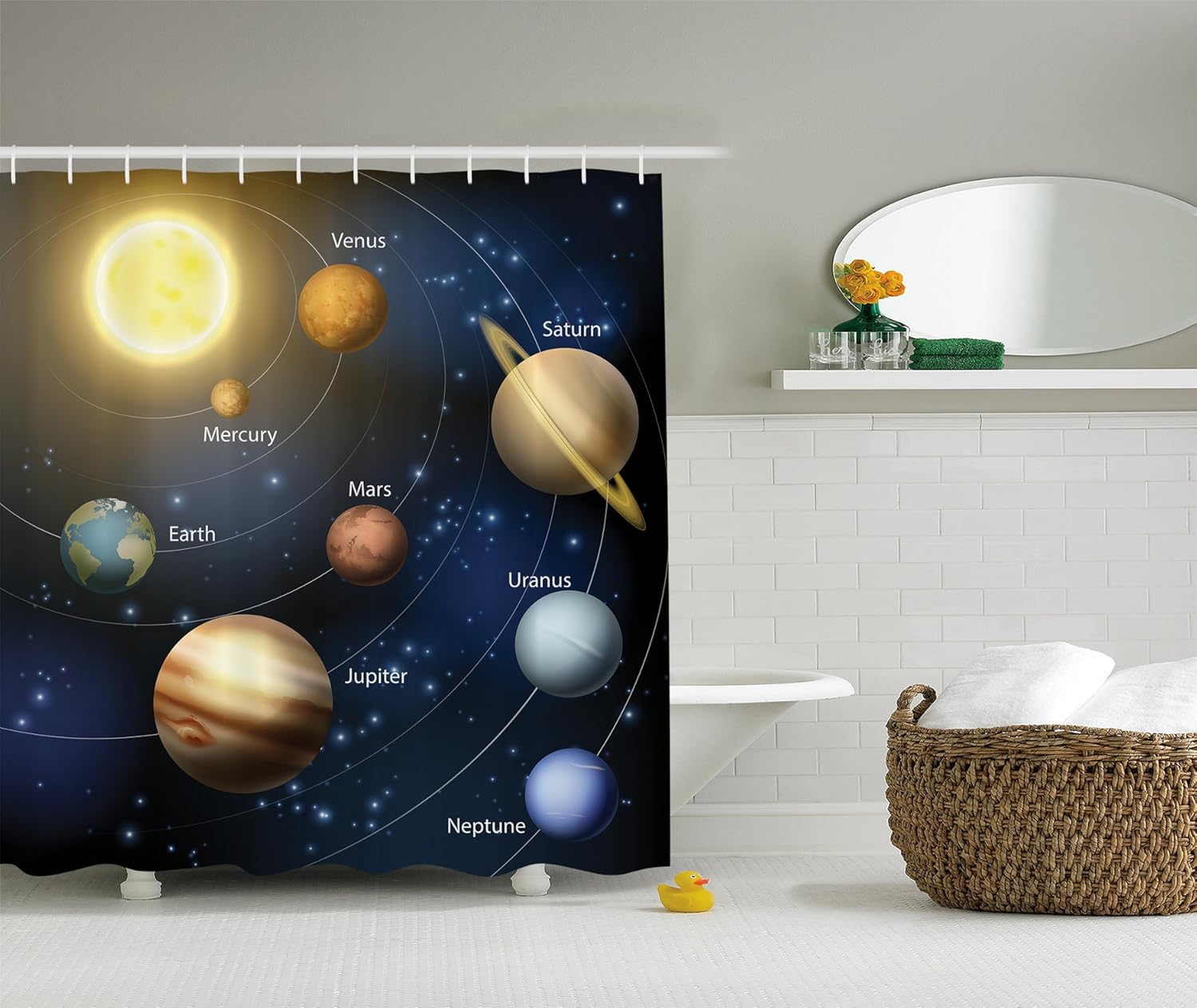 Ambesonne Art Decor Collection, Solar System Orbit The Sun with Names of Planets Geography Educational Picture, Polyester Fabric Bathroom Shower Curtain Set with Hooks, Yellow/Black/Dark Blue/Brown
