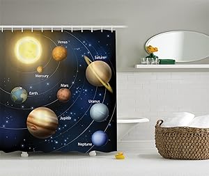 Ambesonne Art Decor Collection, Solar System Orbit The Sun with Names of Planets Geography Educational Picture, Polyester Fabric Bathroom Shower Curtain Set with Hooks, Yellow/Black/Dark Blue/Brown