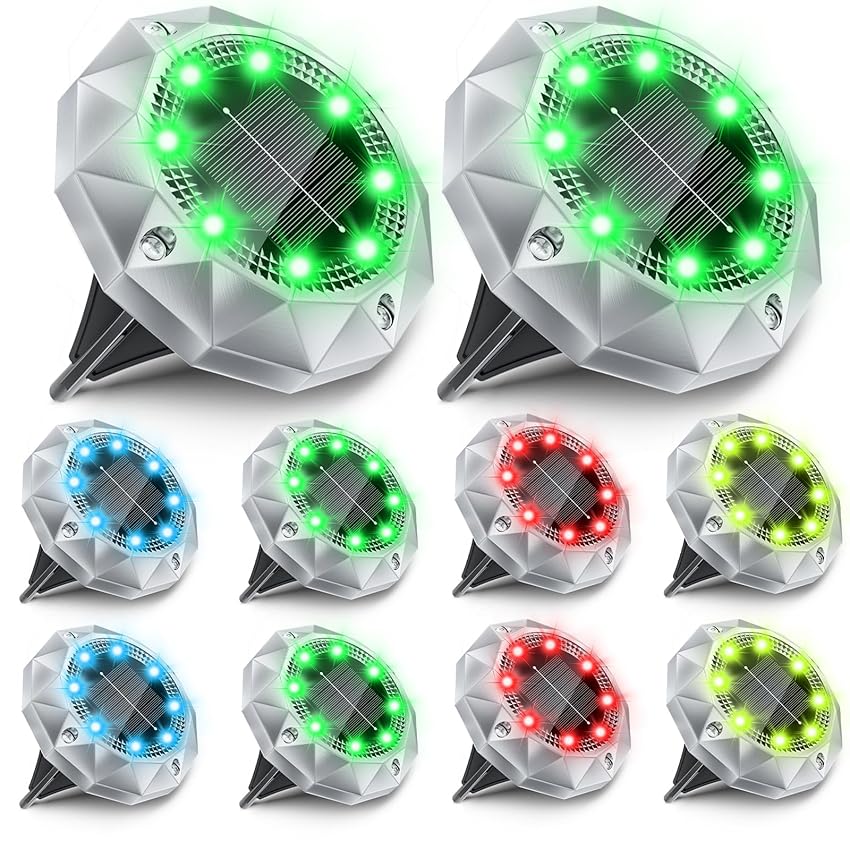 10 Pezzi Luci Solari da Giardino RGB, 8 LED Faretti Sepolta Solari a Led da Esterno IP65 Impermeabile
